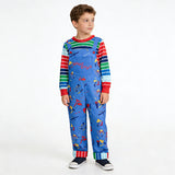 Boys toy themed costume set includes striped long sleeve shirt and printed blue overalls. Fun tool graphic print design. Ideal for Halloween, themed party, school dress-up and kids role-play activities.