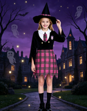 Girls Witch School Uniform Costume with Hat for Halloween Party