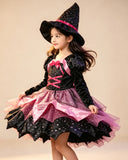 Kids Witch Costume Black & Pink Dress with Hat for Halloween Party Cosplay