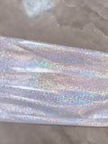 Girls holographic silver 2-piece stage costume, cropped hooded long sleeve top and elastic waist straight pants. Shiny reflective finish, trendy street style for dance competitions and performance dress-up.