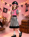 Girls Pink Pirate Costume Dress with Hat for Halloween Cosplay Party