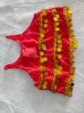 Kids exotic desert themed costume set, cape top, loose pants, headscarf and coin bracelets. Multi-layer hanging coin waist decor, bright red tone, for dance performance and carnival party.