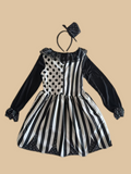 Girls' Clown Black Dress Set: a Black And White Striped Color-Block Dress + 1 Headpiece, Featuring Pom-Poms on The Front And an Elastic Waist Design, Suitable for Halloween And Other Festive Occasions