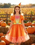 Girls Cute Pumpkin Witch Dress with Headband for Halloween