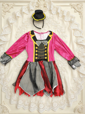 Girls' Circus Magician Vampire Clown Dress: Double-breasted top with gold trim, skirt spliced with black-and-white striped tulle. Comes with mini top hat headband to highlight character features. Costume for Halloween, Christmas, carnival parties.