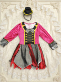 Girls' Circus Magician Vampire Clown Dress: Double-breasted top with gold trim, skirt spliced with black-and-white striped tulle. Comes with mini top hat headband to highlight character features. Costume for Halloween, Christmas, carnival parties.
