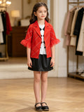 Girls 3-piece outfit set includes red plaid blazer with tulle cuffs, argyle print inner top and short skirt. Elegant preppy styling, suitable for parties, daily wear and themed dress-up occasions.