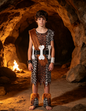Boys Caveman Leopard Print Costume Set with Bone Belt and Fur Wristbands