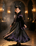 Kids Dark Queen Costume Black & Purple Dress with Horns Headband for Halloween Party