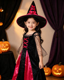 Kids Witch Costume Black & Red Dress with Hat for Halloween Cosplay Party