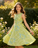 Girls Sleeveless Green Fit-and-Flare Dress with Geometric Print