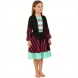 Girls striped pirate costume dress with layered design. Long bell sleeves and crisscross lace-up front. Ideal for Halloween, sea adventure themed parties, carnival and kids imaginative pirate role-play.