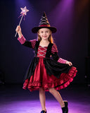 Kids Witch Costume Black & Pink Striped Dress with Hat for Halloween Party Cosplay