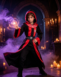 Kids Black & Red Hooded Sorcerer Costume for Halloween Cosplay