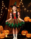Kids Witch Costume Green Red Black Dress with Hat for Halloween Party Cosplay