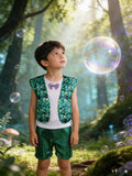 Boys fairy tale creature costume set includes scale printed vest, white tee with bow tie and glitter green shorts. Enchanted woodland styling, great for Halloween, forest theme party and kids fantasy role-play.