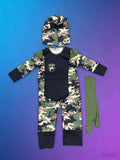 Boys Camo Ninja 3-Piece Set: Jumpsuit + Belt + Headgear Perfect for themed parties and stage performances.
