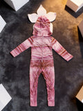 Boys monster creature costume set includes full body textured jumpsuit and flower-shaped monster headpiece. Creepy flesh-toned striped print, perfect for Halloween, haunted house events and scary themed role-play.