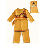 Boys yellow ninja costume set includes long sleeve top, trousers, waist sash and full face hood. Cartoon armor graphic printing, perfect for Halloween, martial arts themed parties and ninja character role-play.