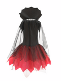 Girls vampire themed Halloween costume dress with stand bat collar and sheer mesh cape. Crisscross lace-up bodice, jagged tulle skirt, spooky gothic style for trick-or-treat and carnival party dress-up.