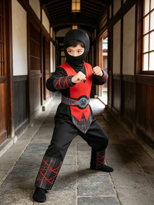 Boys' 5-Piece Ninja Vest Set: Contains black crew neck top, black trousers, belt, vest and matching hat. Classic style, suitable for Halloween and various themed events.