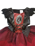 Girls vampire themed Halloween costume dress with stand bat collar and sheer mesh cape. Crisscross lace-up bodice, jagged tulle skirt, spooky gothic style for trick-or-treat and carnival party dress-up.