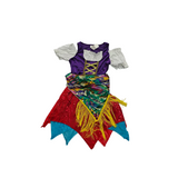 Girls colorful fortune teller costume dress with fringe details. Off-shoulder sleeves and mixed irregular hem design. Perfect for Halloween carnival, circus themed party and mystical character role-play.