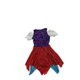 Girls colorful fortune teller costume dress with fringe details. Off-shoulder sleeves and mixed irregular hem design. Perfect for Halloween carnival, circus themed party and mystical character role-play.