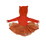 Girls fox animal costume dress with built-in fox hood. Fluffy chest decoration and sparkly tulle skirt. Cute woodland animal styling, ideal for Halloween, themed party and kids role-play activities.