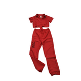 Girls red prisoner costume set includes knotted short sleeve top and elastic cuffed long pants. Letter print design, ideal for Halloween dress-up, themed party and role play performance.