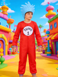 Kids red Thing 1 costume set includes long sleeve jumpsuit and blue spiky wig hat. Circular chest logo and striped cuffs design. Ideal for book week, Halloween, storybook themed parties and fantasy character role-play.