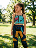 Girls adventure costume set includes floral print cami crop top and color block long pants. Unique spliced design, perfect for Halloween, themed party, cosplay and kids imaginative role-play activities.