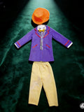Boys' Purple 2-in-1 Look Set: 1 Stylish Round-neck Purple Faux 2-in-1 Look Patchwork Shirt + 1 Solid-color Pants + 1 Orange Hat; a Dashing and Fashionable Outfit for Boys' Halloween, Various Carnival Holiday Parties, Masquerade Costumes