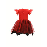 1pc Red & Gothic Party Dress with Horned Headband - Sleeveless V-Neck Asymmetrical Skirt, Non-Stretchy Fabric, Perfect for Halloween, Christmas, and Themed Events, Halloween, Christmas Outfit, Polka Dot Pattern, Accessory