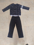 Boys 3-piece hip-hop stage suit, black glitter sequin open jacket, plain white V-neck tee and silver stripe loose trousers. Reflective silver trim detail, streetwear style for dance contest and talent show costume.