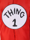 Kids red Thing 1 costume set includes long sleeve jumpsuit and blue spiky wig hat. Circular chest logo and striped cuffs design. Ideal for book week, Halloween, storybook themed parties and fantasy character role-play.