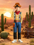 Boys western cowboy costume set includes plaid long sleeve shirt, cow print vest, denim pants, bandana and cowboy hat. Classic wild west styling, ideal for Halloween, themed birthday parties and kids storybook role-play.