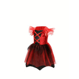 1pc Red & Gothic Party Dress with Horned Headband - Sleeveless V-Neck Asymmetrical Skirt, Non-Stretchy Fabric, Perfect for Halloween, Christmas, and Themed Events, Halloween, Christmas Outfit, Polka Dot Pattern, Accessory