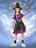 Girls Witch Long Dress & Black Pointed Hat Costume for Halloween Carnival