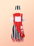 Girls pirate costume set includes cold shoulder dress and striped headscarf. Classic red, white and black striped design. Suitable for Halloween, pirate themed party, carnival and kids imaginative role-play.
