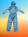 Kids shiny metallic 2-piece stage set, cropped hooded long sleeve top & elastic waist straight pants. Bright reflective blue finish, futuristic style for hip-hop shows, runway and themed party dress-up.