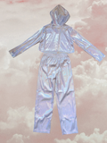 Girls holographic silver 2-piece stage costume, cropped hooded long sleeve top and elastic waist straight pants. Shiny reflective finish, trendy street style for dance competitions and performance dress-up.