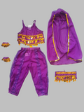 Girls exotic dance costume set, sleeveless top with layered coin tassels, matching harem pants, headscarf and wrist cuffs. Exotic ethnic style, great for stage shows, carnival and themed party role-play.