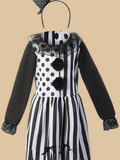 Girls' Clown Black Dress Set: a Black And White Striped Color-Block Dress + 1 Headpiece, Featuring Pom-Poms on The Front And an Elastic Waist Design, Suitable for Halloween And Other Festive Occasions