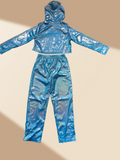 Kids shiny metallic 2-piece stage set, cropped hooded long sleeve top & elastic waist straight pants. Bright reflective blue finish, futuristic style for hip-hop shows, runway and themed party dress-up.