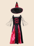 Kids Witch Costume Black & Red Dress with Hat for Halloween Cosplay Party