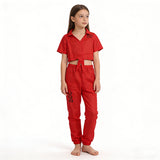Girls red prisoner costume set includes knotted short sleeve top and elastic cuffed long pants. Letter print design, ideal for Halloween dress-up, themed party and role play performance.