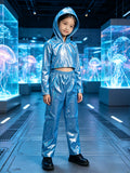 Kids shiny metallic 2-piece stage set, cropped hooded long sleeve top & elastic waist straight pants. Bright reflective blue finish, futuristic style for hip-hop shows, runway and themed party dress-up.