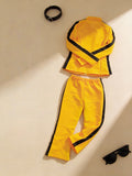 Girls' Yellow Kung Fu Tracksuit: 1 top and 1 pair of pants. Stand collar martial arts costume with black stripes and zipper, suitable for Halloween, carnival parties and stage performances.