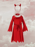 Girls Red Devil Dress Set with Belt & Horn Headband for Halloween